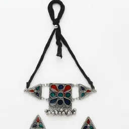 Moedbuille Silver-Plated Stone & Ghungroo-Studded Oxidised Jewellery Set image 3
