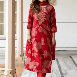 KALINI Floral Printed Regular Straight Kurta With Trousers & Dupatta image 3