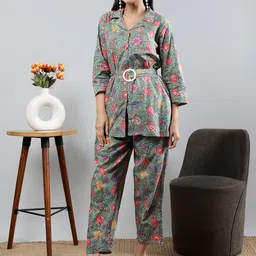 Polyglot Floral Printed Pure Cotton Shirt Collar Top With Trousers image 2
