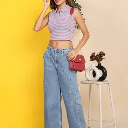 Dressitude Women Striped Polo Collar Pure Cotton Slim Fit T-shirt image 2