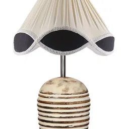 Devansh Off-White and Black Vintage shade with round wooden Brushed Table Lamps image 5