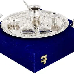 delhi gift house Silver Laxmi Ganesh Idol/Murti, 6 Peices Pooja set in Red Velvet Box Brass, Polyresin, Silver image 2