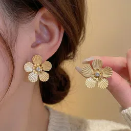 samriddhi jewels Floral Shine Textured Gold-Tone Stud Earrings for Women & Girls Cubic Zirconia Stainless Steel Stud Earring image 2