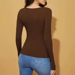 sonic fashion Casual Regular Sleeves Self Design Women Brown Top image 2