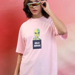 tokyo talkies Women Printed, Typography Round Neck Cotton Blend Pink T-Shirt image 2