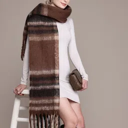 Cayman Striped Tasselled Woolen Stole With Fuzzy Detail-image-4