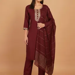 Ruvii Women Ethnic Motifs Embroidered Regular Thread Work Kurta with Trousers & With Dupatta-picture-15