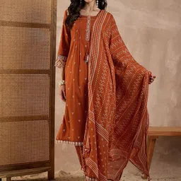 CHETI Women Bandhani Printed Cotton Kurta with Trousers & Dupatta-image-39