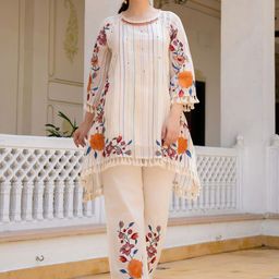 Indo Era Floral Embroidered Round Neck A-Line Pure Cotton Kurta With Palazzos-picture-42