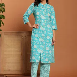 Ragavi Women Floral Printed Regular Pure Cotton Kurta with Trousers image 1
