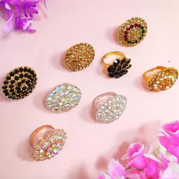 DIVYANSHI COLLECTION Pack Of 8 Multicolour Ad Brass Diamond Gold Silver Plated Ring Set image 2