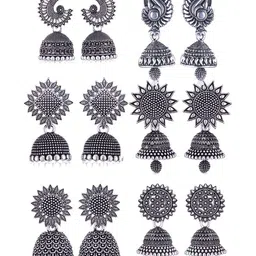 Sangria Set Of 6 Silver Plated Oxidized Jhumka Earrings-image-92
