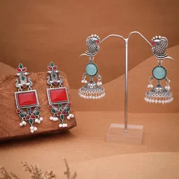 Sangria Set Of 2 Silver-Plated Stone Studded & Beaded Oxidised Contemporary Drop Earrings-image-72