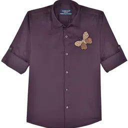 CHARCHIT Boys Comfort Spread Collar Roll-Up Sleeves Shirt With Embroidered Detail image 3
