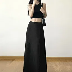 KPOP Women Solid Flared Maxi Skirt image 5