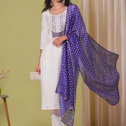 GoSriKi Floral Embroidered Round Neck Mirror Work Straight Kurta With Trousers & Dupatta-image-42