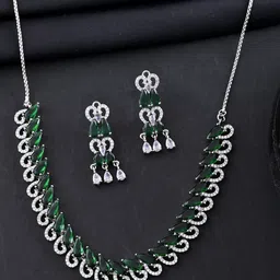 anouk Silver Plated AD And Green Stone Tear Drop Shaped Necklace Set-picture-37
