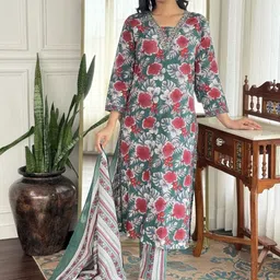 Vishishtah Women Floral Printed Pure Cotton Kurta with Trouser & Dupatta-image-2