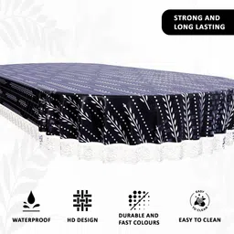 Myntra Elegant Homes White & Blue Lining Leaf Oval PVC 6-Seater Table Cover image 3