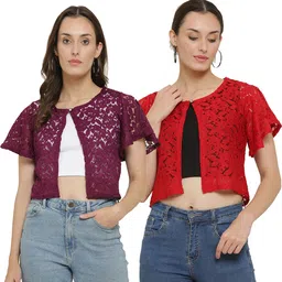 STYLE GRID Women Pack Of 2 Self Design Round Neck Cotton Shrug image 5