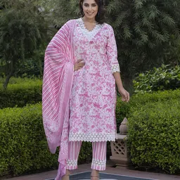 Jaitpuriya Women Floral Printed Regular Pure Cotton Kurta with Trousers & With Dupatta image 3