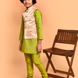 PRINTCULTR Boys Mandarin Collar Straight Kurta with Churidar & Nehru jacket image 3