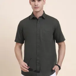 Greenfibre Men Solid Spread Collar Cotton Casual Shirt-image-0