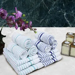 Aura 12-Pcs Blue & White Striped Pure Cotton Super Absorbent & Quick Dry Hand Towels-image-84