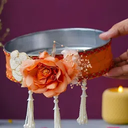 eCraftIndia Orange & White 3 Pieces Stainless Steel Karwa Chauth Thali Set image 5