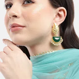 Anouk Gold-Plated Artificial Stones Studded & Beaded Leaf Shaped Drop Earrings-picture-40