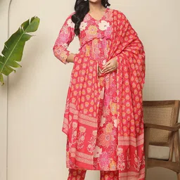 Yufta Floral Printed V-Neck Pure Cotton Maternity Anarkali Kurta With Trouser & Dupatta-picture-13