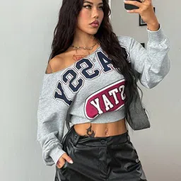 SXV STYLE Typography Printed Off -Shoulder Neck Pullover Sweatshirt-image-32