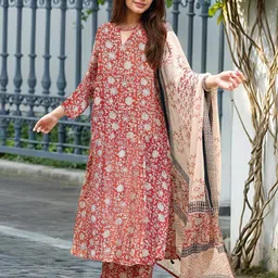 Aaghnya Women Red Rayon Blend Printed Anarkali Kurta Set With Dupatta-picture-38