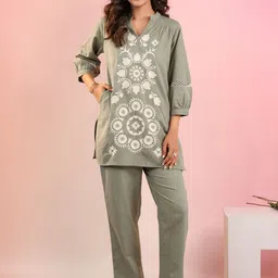 MISRI Embroidered Shirt Collar Pure Cotton Tunic With Trousers-image-93