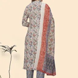 GULMEHAK Floral Printed Mandarin Collar Pure Cotton Straight Kurta With Trousers & Dupatta image 3