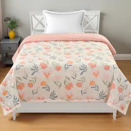 Aura Cream & Pink Floral Printed AC Room 233 GSM Ultra Sonic Cotton Comforter-image-24