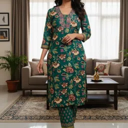 KALINI Women Floral Printed Regular Pure Cotton Kurta with Trousers & With Dupatta image 4