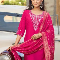 KALINI Women Ethnic Motifs Embroidered Regular Thread Work Kurta with Trousers & With Dupatta image 3