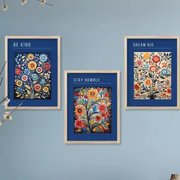 WALLLANE Brown & Navy Blue 3 Piece Wood Floral and Botanical Wall Paintings image 2