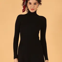 NoBarr Women Solid High Neck Party Bodycon Dress-image-58