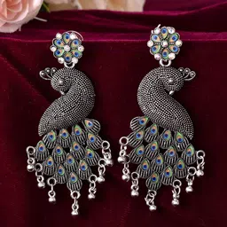 Sangria Stainless Steel Silver Plated Beaded Oxidized Peacock Shaped Drop Earrings-picture-40