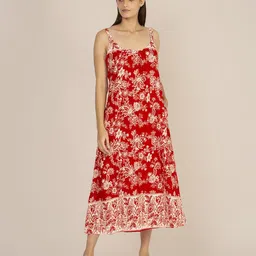 AMSWAN Women Floral Printed Shoulder Straps A-Line Midi Dress-image-31