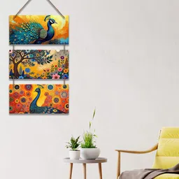 ArtVibes Blue & Yellow Printed Colorful Peacock Printed Wooden Wall Hangings-image-9