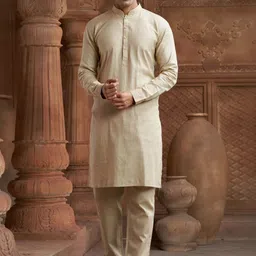 EKATVA ETHNIC Men Fawn Solid Pure Cotton Kurta with Pyjama Set image 2