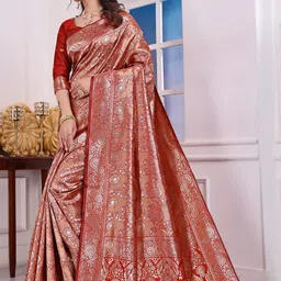 VASTRAAVEDAA Jacquard Woven Design Zari Banarasi Saree With Unstiched Blouse Piece-image-64