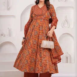 Kanahari Floral Printed V-Neck Panelled Pure Cotton Anarkali Kurta With Palazzos & Dupatta-picture-35
