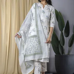 KALINI Floral Printed Pure Cotton Kurta with Trouser & Dupatta-image-78