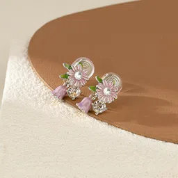 FIMBUL Silver-Plated Crystals Studded Floral Shaped Drop Earrings-image-63