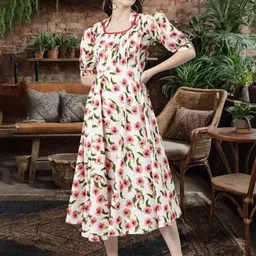 Chandbaali Floral Print Puff Sleeve Fit & Flare Midi Dress image 5