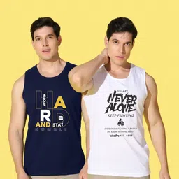 WOOSTRO Men Pack of 2 Typography Printed Round Neck Cotton Slim Fit Sports T-shirts image 2